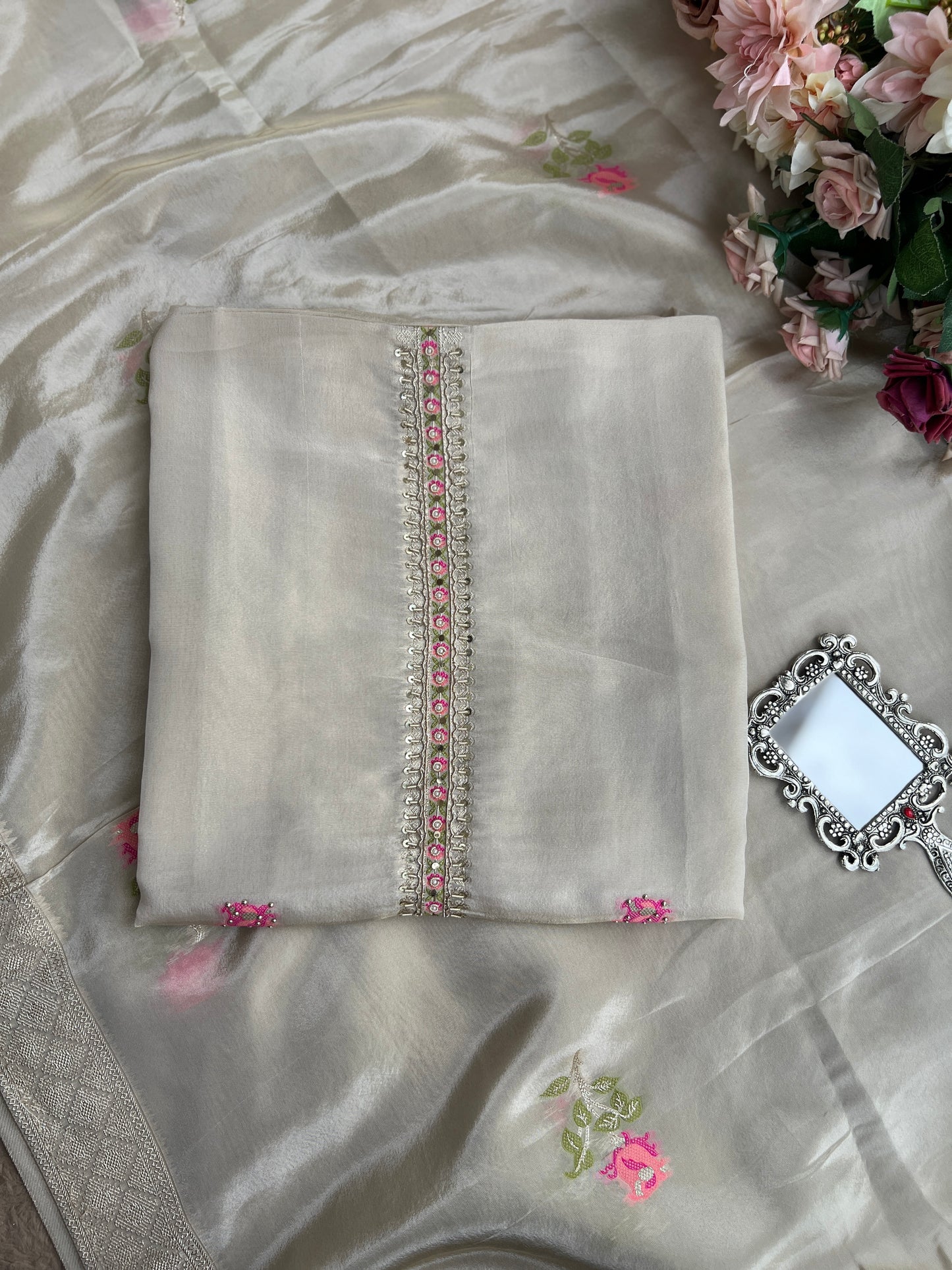 Elegant Kanjivaram Floral Weave Suit with Handworked Neckline & Banarasi Dupatta