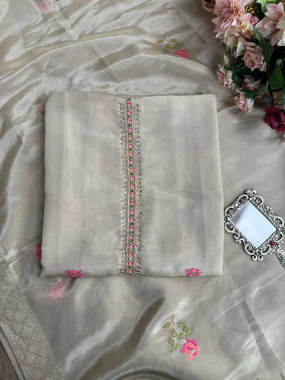 Elegant Kanjivaram Floral Weave Suit with Handworked Neckline & Banarasi Dupatta