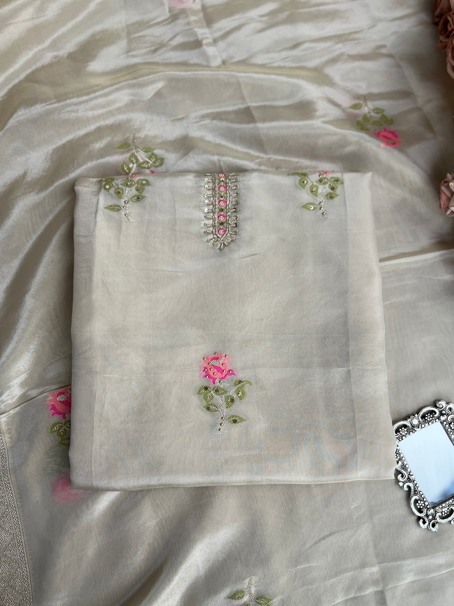 Elegant Kanjivaram Floral Weave Suit with Handworked Neckline & Banarasi Dupatta