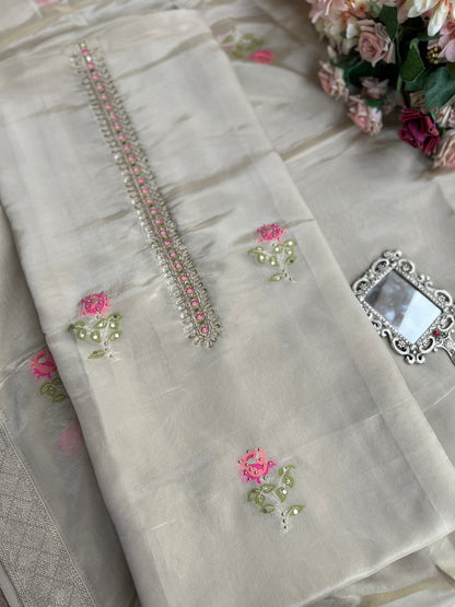 Elegant Kanjivaram Floral Weave Suit with Handworked Neckline & Banarasi Dupatta