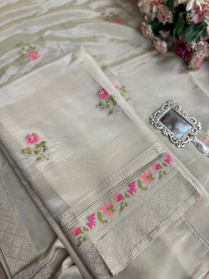 Elegant Kanjivaram Floral Weave Suit with Handworked Neckline & Banarasi Dupatta