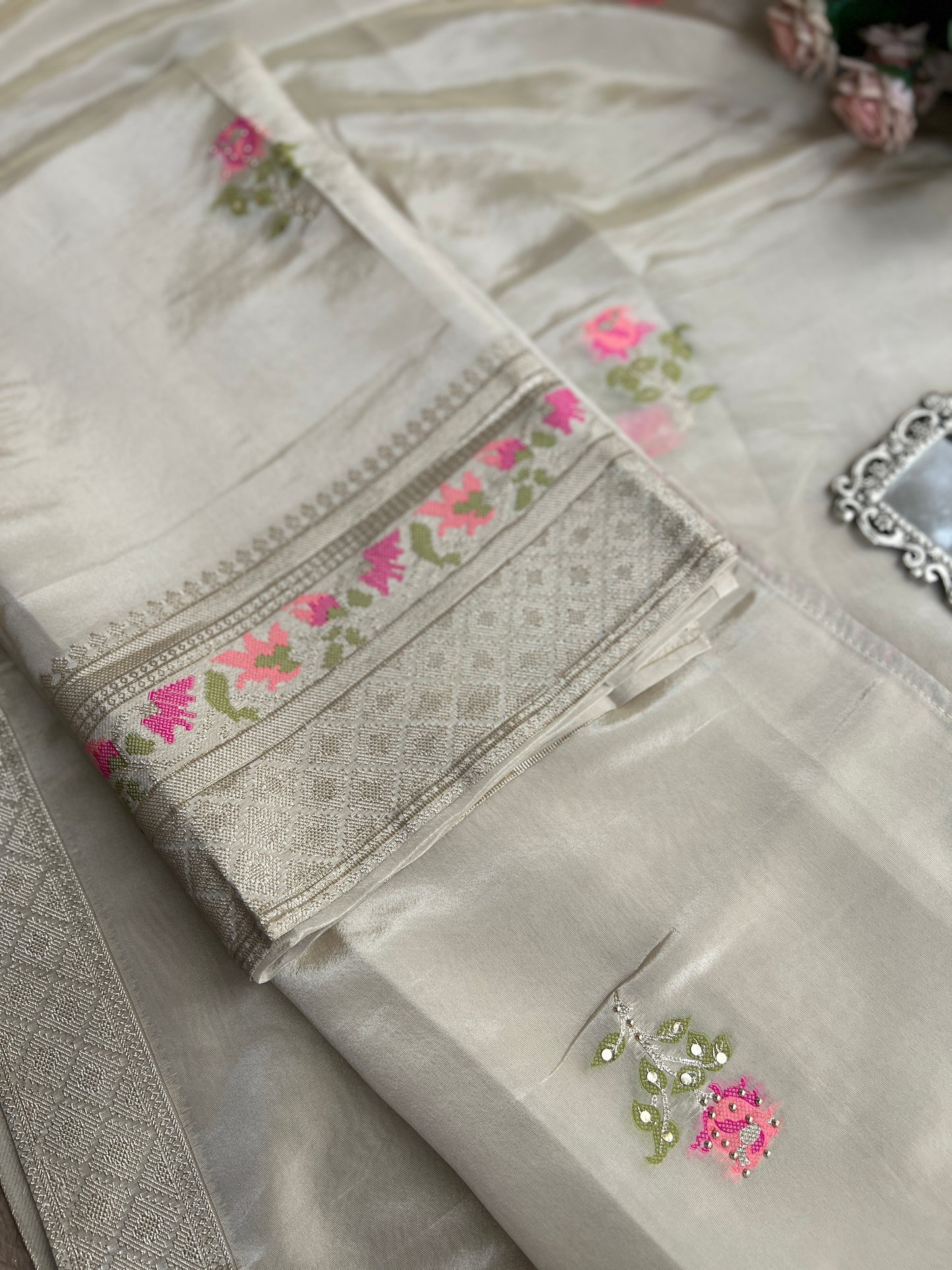 Elegant Kanjivaram Floral Weave Suit with Handworked Neckline & Banarasi Dupatta