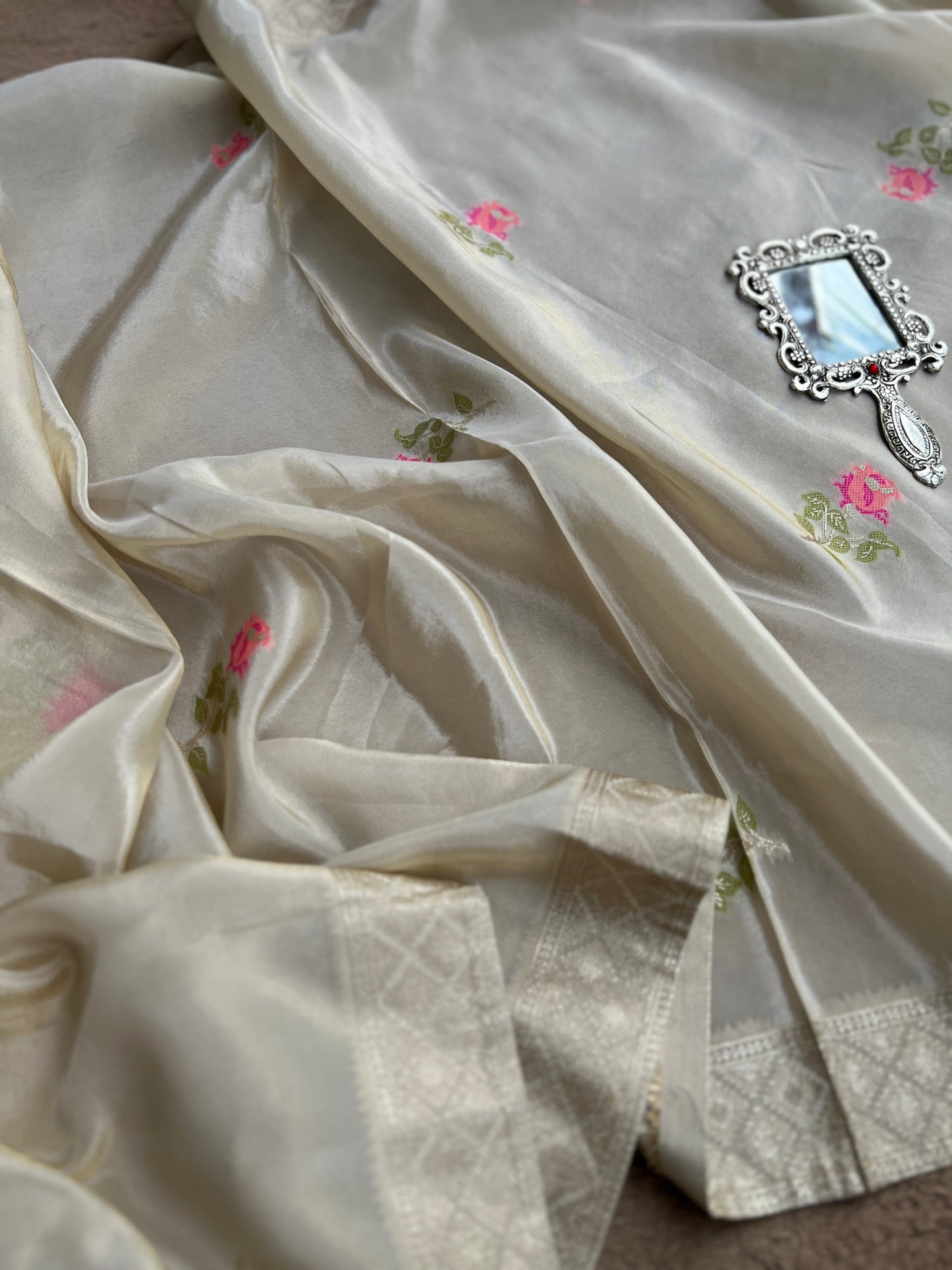 Elegant Kanjivaram Floral Weave Suit with Handworked Neckline & Banarasi Dupatta