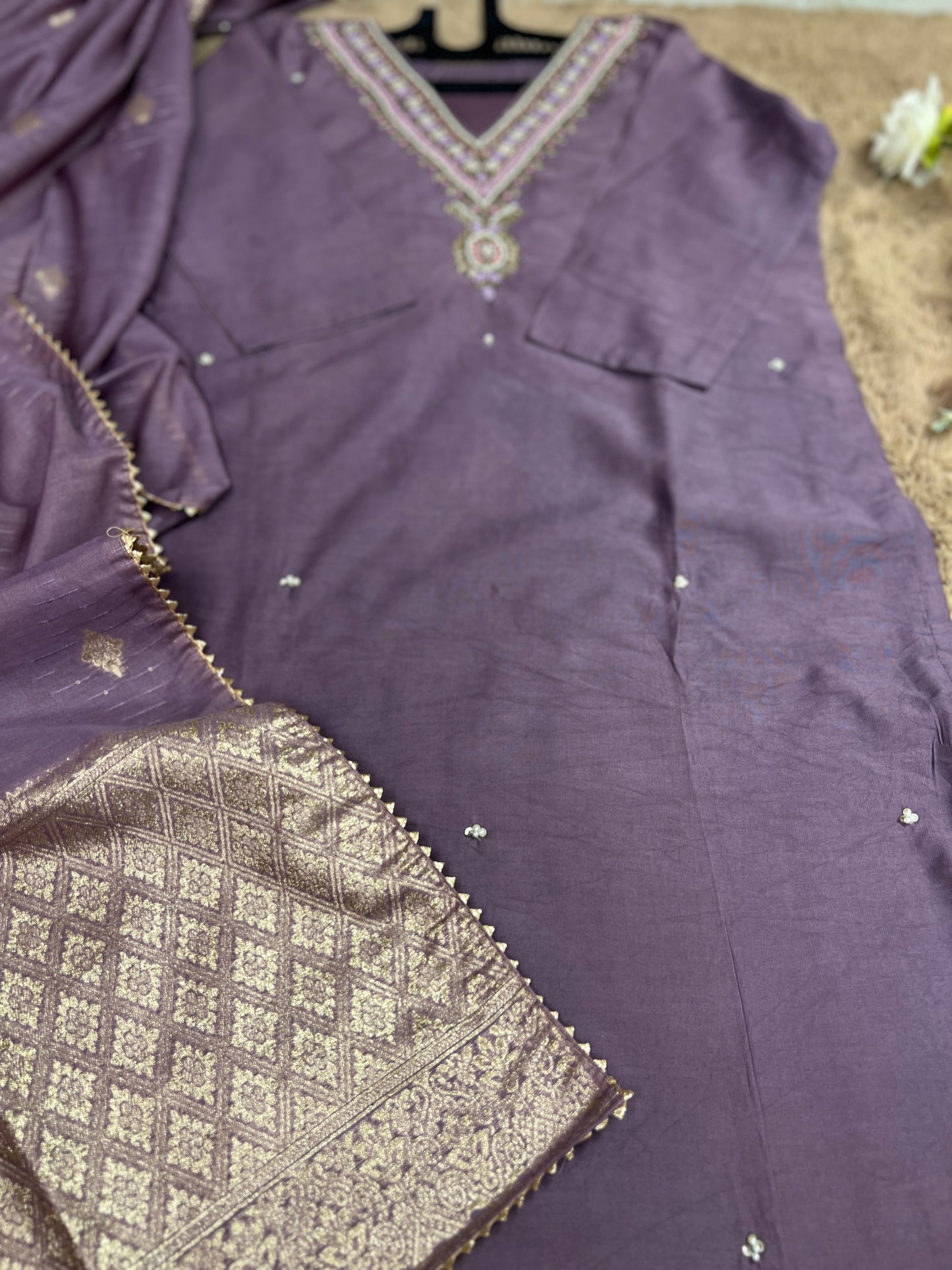 Stunning lavendar handwork ready to wear Suit