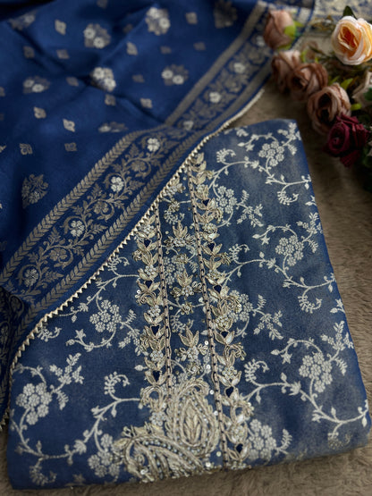 Slate Blue Jacquard Banarasi Suit with Handworked Neck & Woven Silk Dupatta