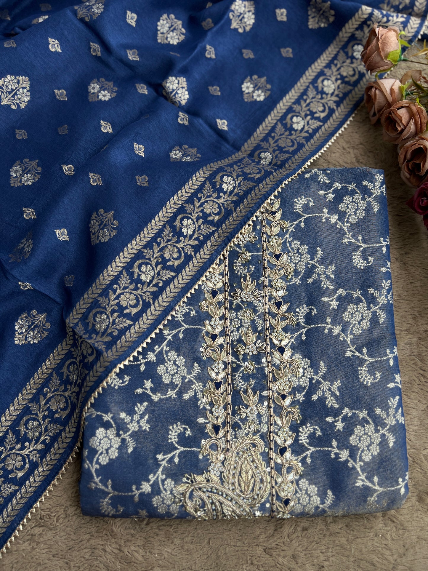 Slate Blue Jacquard Banarasi Suit with Handworked Neck & Woven Silk Dupatta