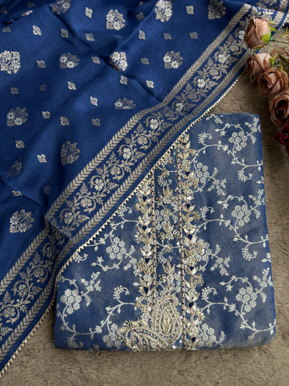 Slate Blue Jacquard Banarasi Suit with Handworked Neck & Woven Silk Dupatta