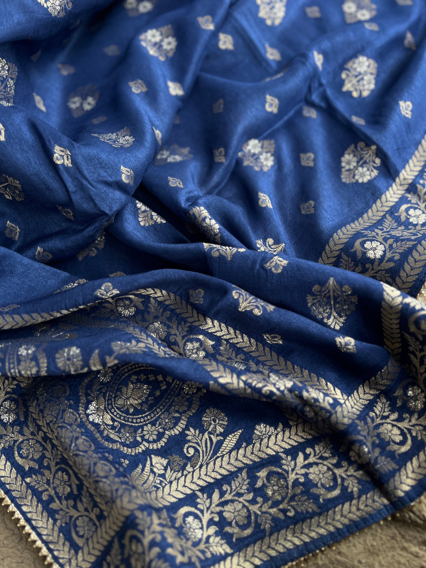 Slate Blue Jacquard Banarasi Suit with Handworked Neck & Woven Silk Dupatta