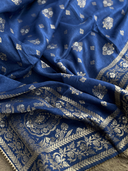 Slate Blue Jacquard Banarasi Suit with Handworked Neck & Woven Silk Dupatta