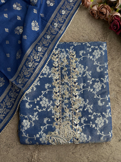 Slate Blue Jacquard Banarasi Suit with Handworked Neck & Woven Silk Dupatta