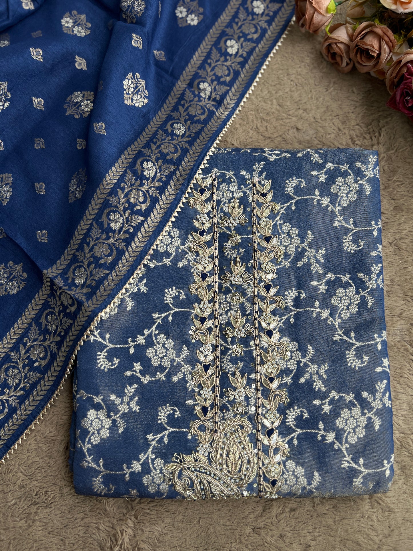 Slate Blue Jacquard Banarasi Suit with Handworked Neck & Woven Silk Dupatta