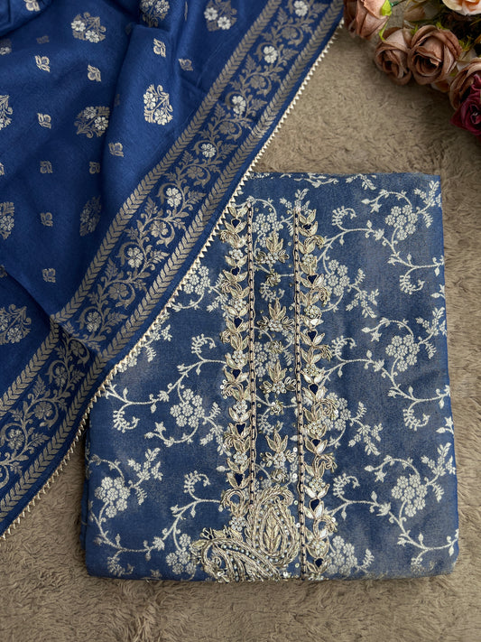 Slate Blue Jacquard Banarasi Suit with Handworked Neck & Woven Silk Dupatta