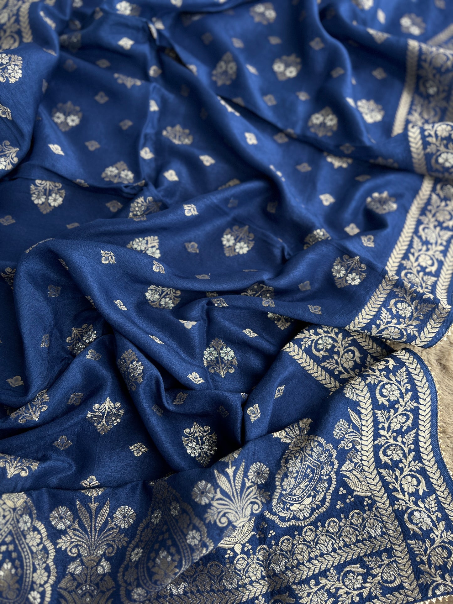 Slate Blue Jacquard Banarasi Suit with Handworked Neck & Woven Silk Dupatta