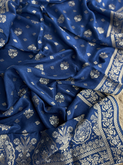 Slate Blue Jacquard Banarasi Suit with Handworked Neck & Woven Silk Dupatta