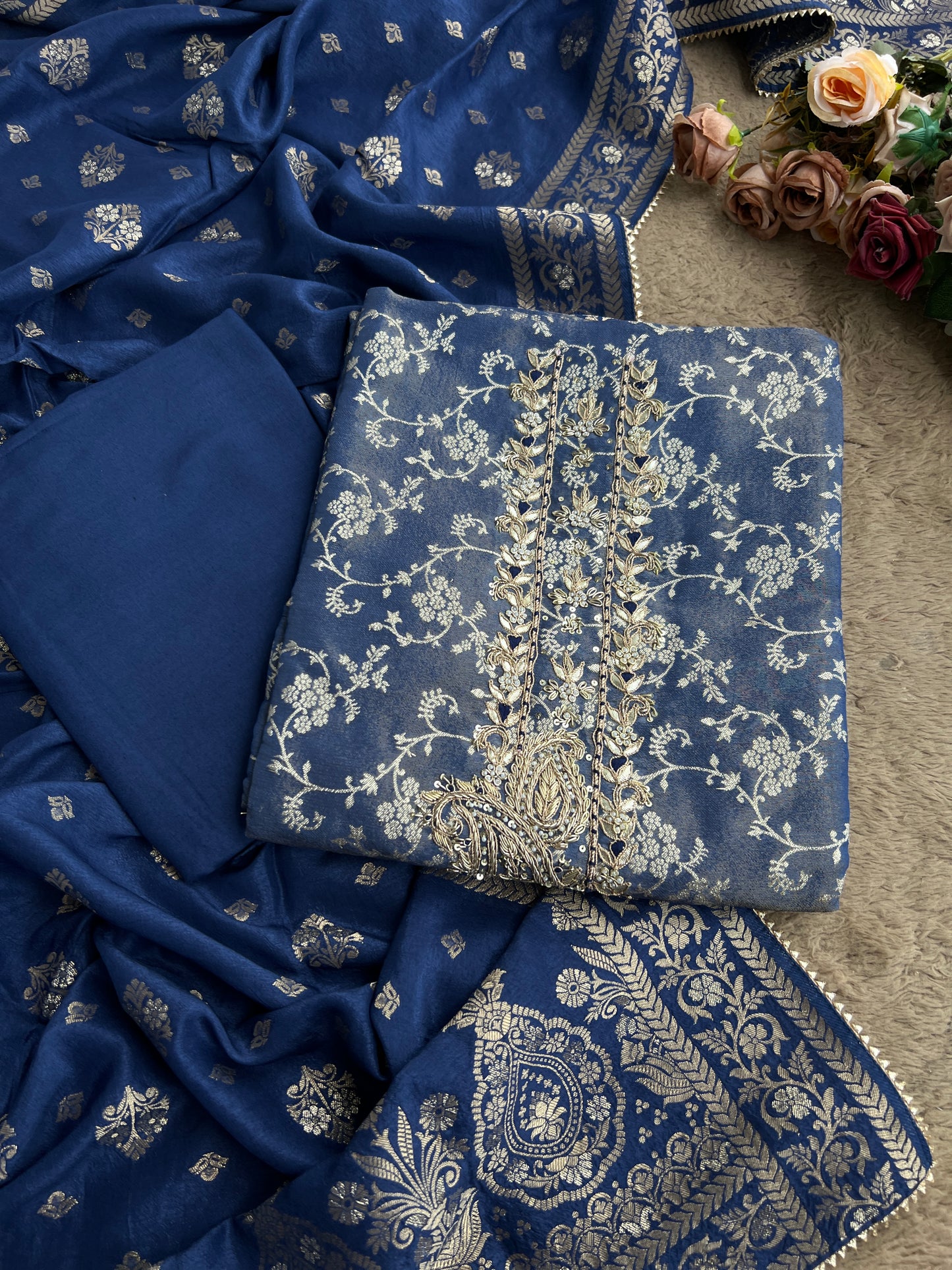 Slate Blue Jacquard Banarasi Suit with Handworked Neck & Woven Silk Dupatta