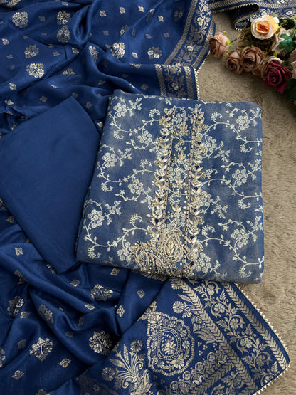 Slate Blue Jacquard Banarasi Suit with Handworked Neck & Woven Silk Dupatta