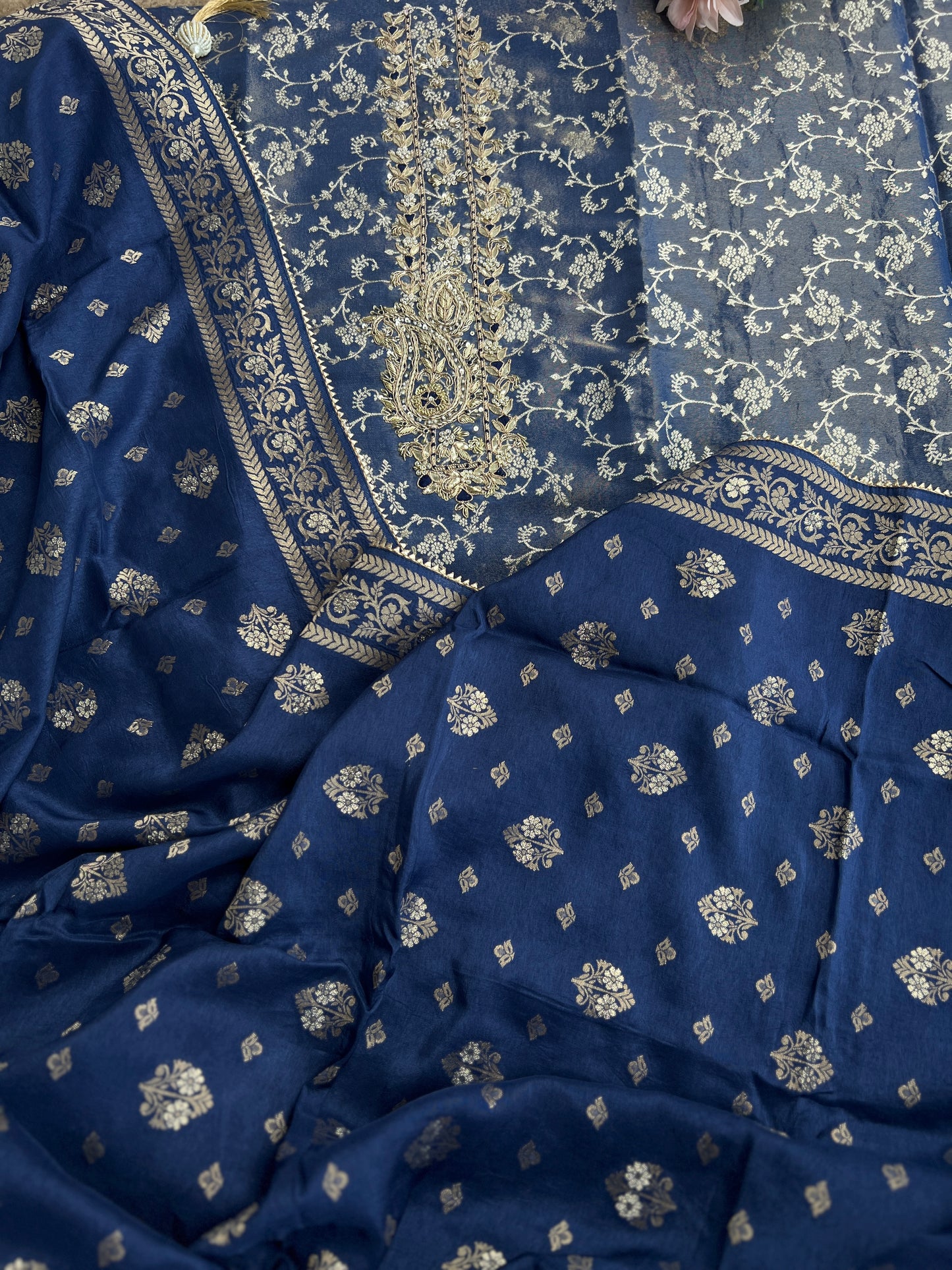 Slate Blue Jacquard Banarasi Suit with Handworked Neck & Woven Silk Dupatta