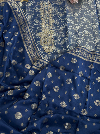 Slate Blue Jacquard Banarasi Suit with Handworked Neck & Woven Silk Dupatta