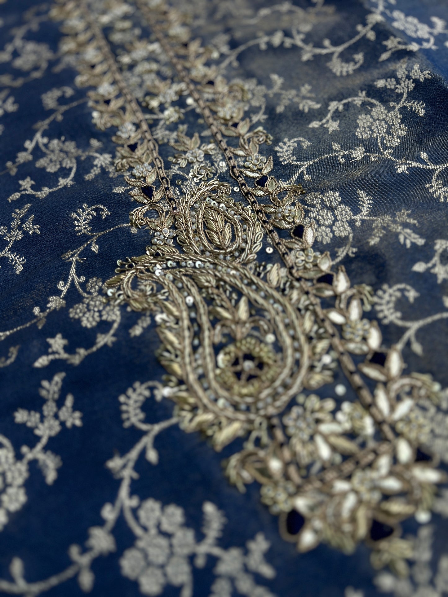 Slate Blue Jacquard Banarasi Suit with Handworked Neck & Woven Silk Dupatta