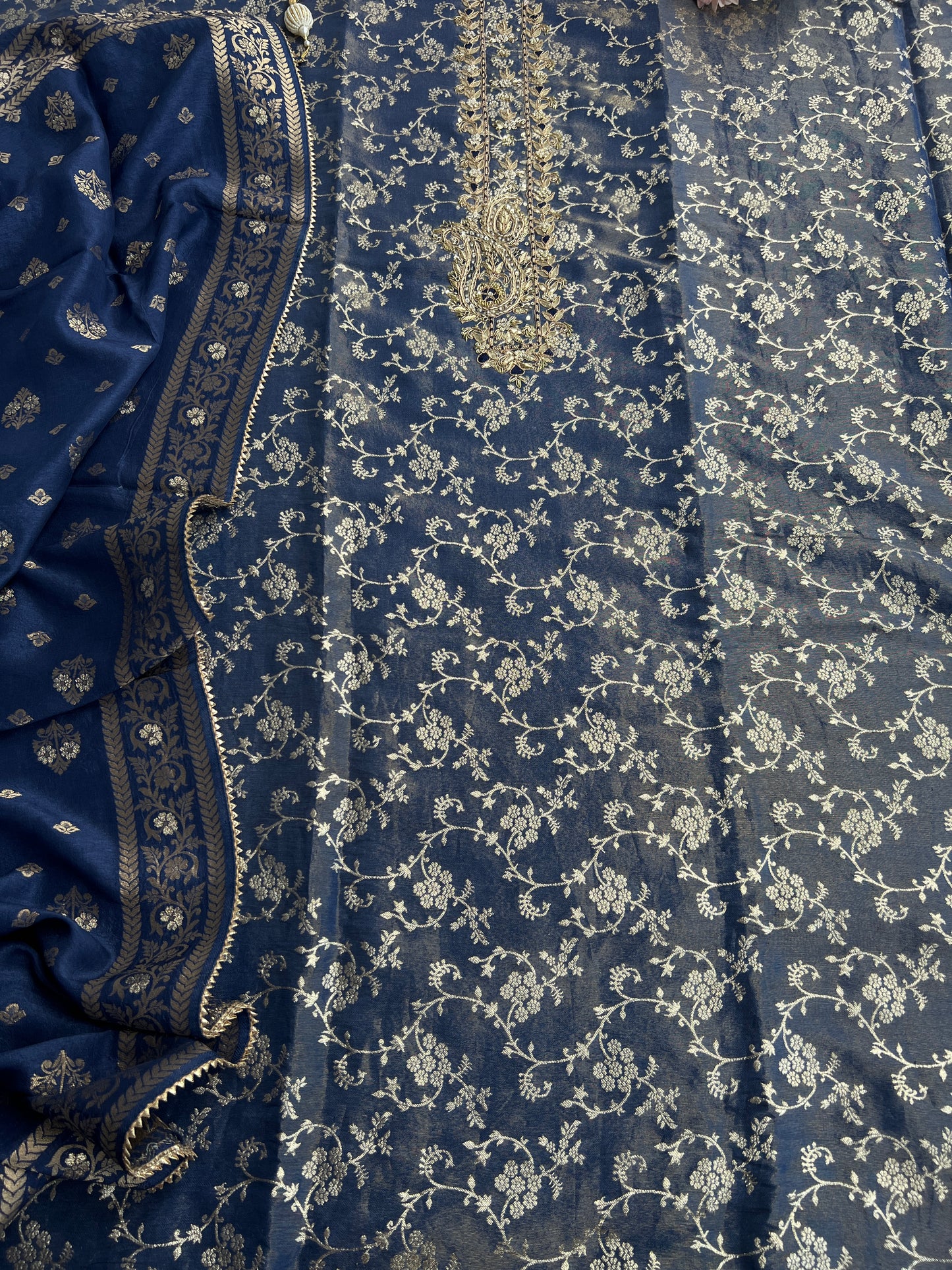 Slate Blue Jacquard Banarasi Suit with Handworked Neck & Woven Silk Dupatta