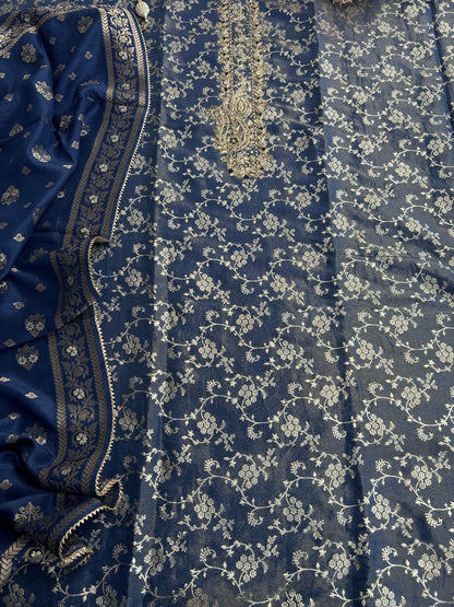 Slate Blue Jacquard Banarasi Suit with Handworked Neck & Woven Silk Dupatta