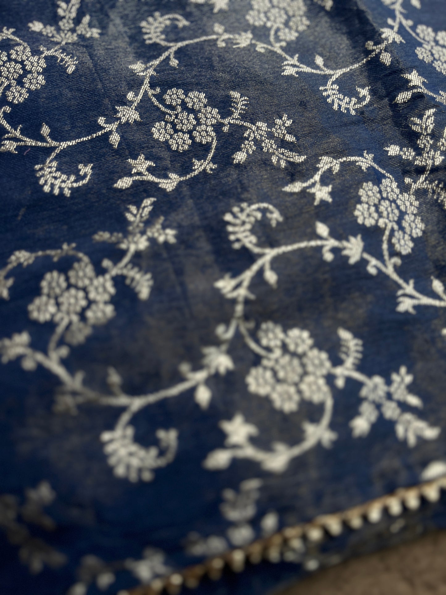 Slate Blue Jacquard Banarasi Suit with Handworked Neck & Woven Silk Dupatta