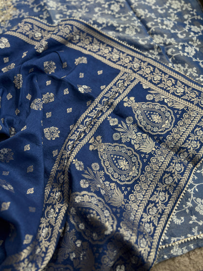 Slate Blue Jacquard Banarasi Suit with Handworked Neck & Woven Silk Dupatta
