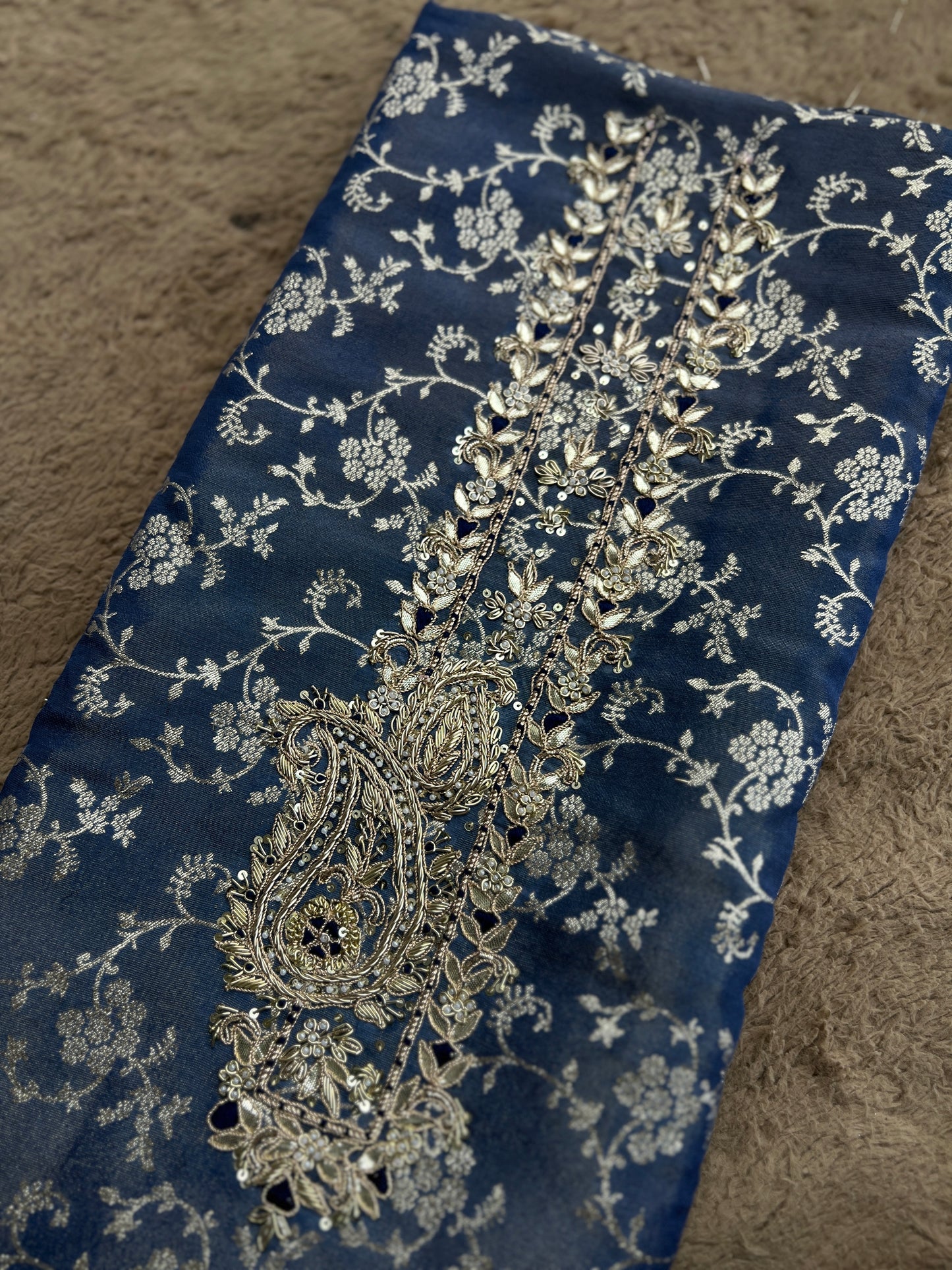 Slate Blue Jacquard Banarasi Suit with Handworked Neck & Woven Silk Dupatta