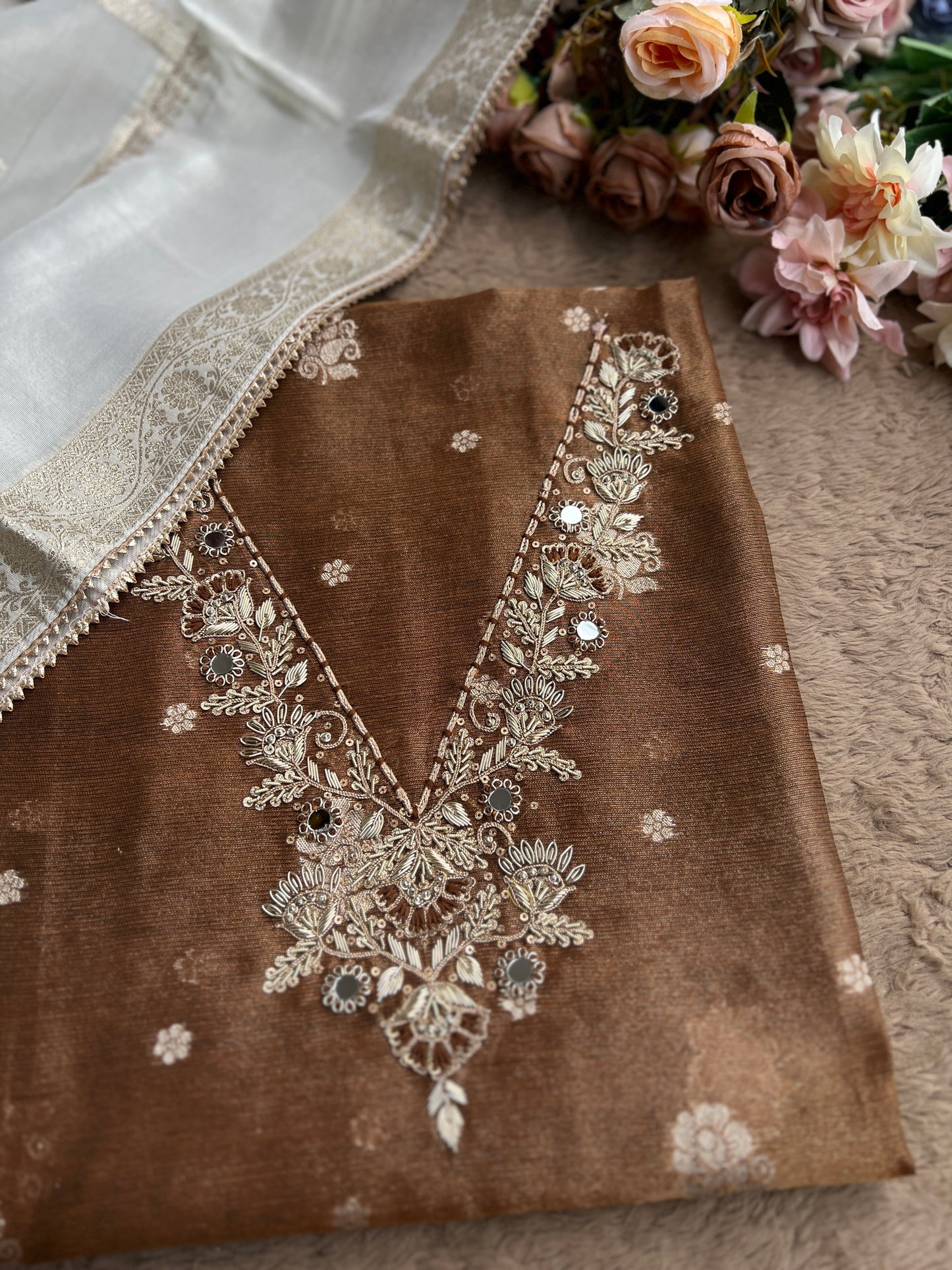 Mocha Mist Soft Kota Silk Suit with V-Neck Handwork & Woven Silk Dupatta
