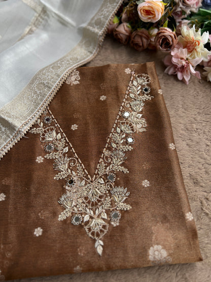 Mocha Mist Soft Kota Silk Suit with V-Neck Handwork & Woven Silk Dupatta