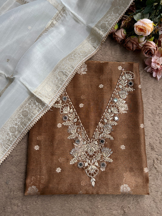 Mocha Mist Soft Kota Silk Suit with V-Neck Handwork & Woven Silk Dupatta