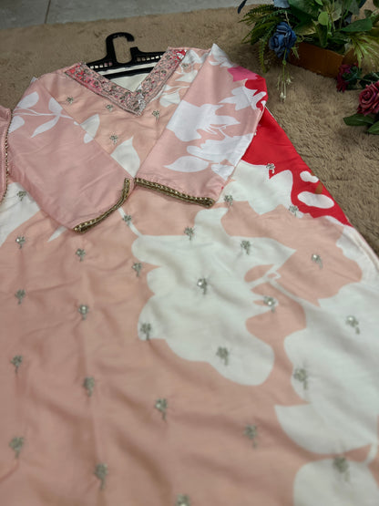 Maslin Printed Suit Set with Embroidered Neckline & Matching Dupatta