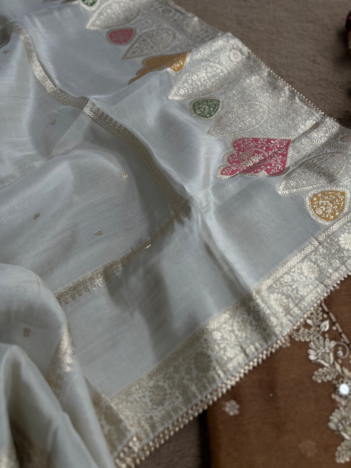 Mocha Mist Soft Kota Silk Suit with V-Neck Handwork & Woven Silk Dupatta