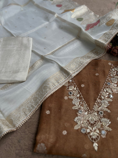 Mocha Mist Soft Kota Silk Suit with V-Neck Handwork & Woven Silk Dupatta