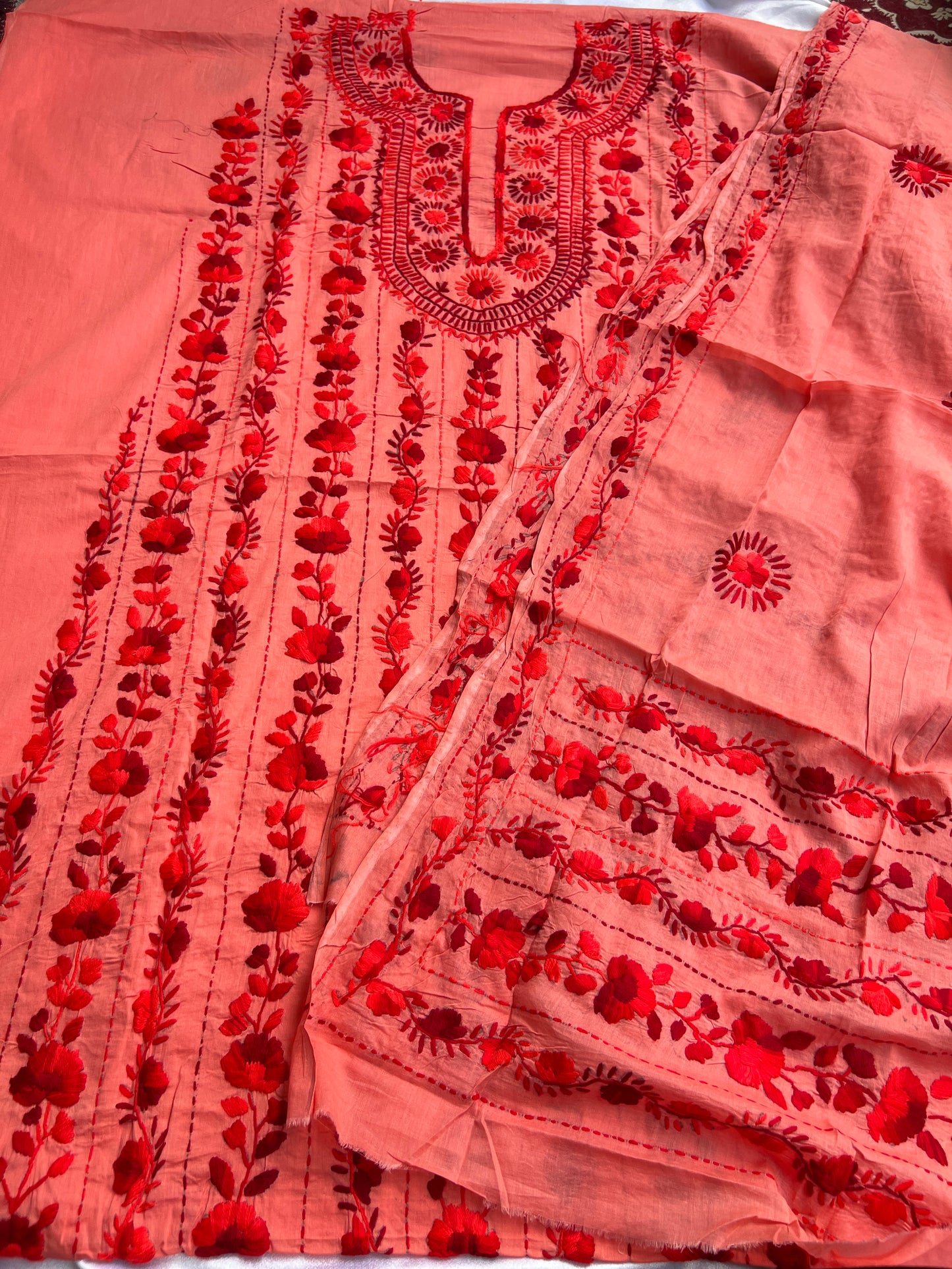 Coral Crimson Hand-Embroidered Suit Set