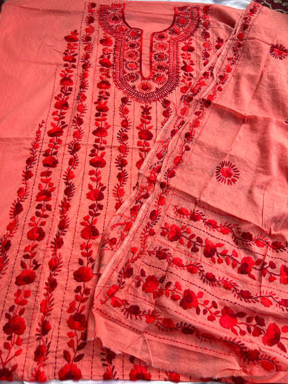 Coral Crimson Hand-Embroidered Suit Set