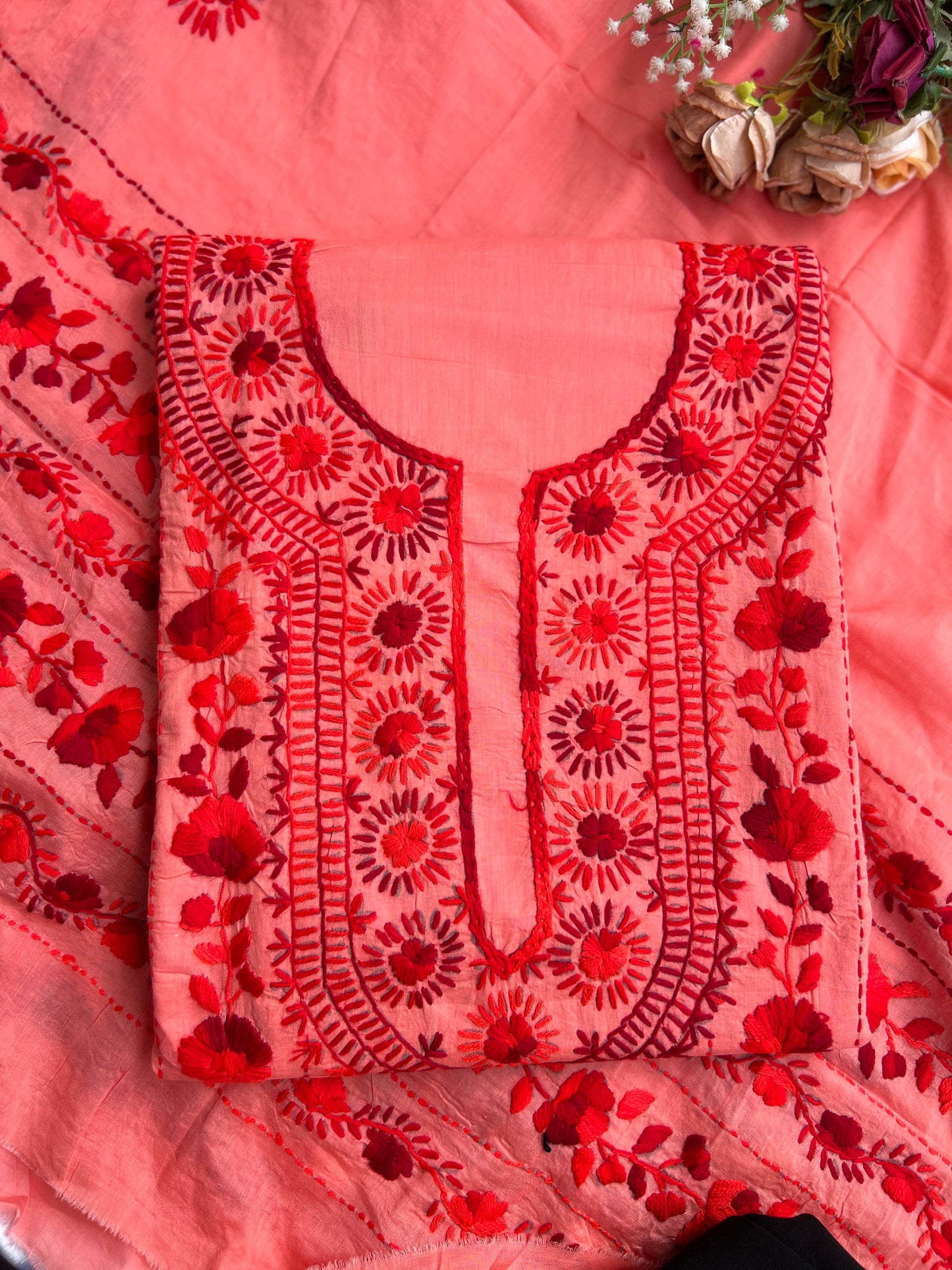 Coral Crimson Hand-Embroidered Suit Set