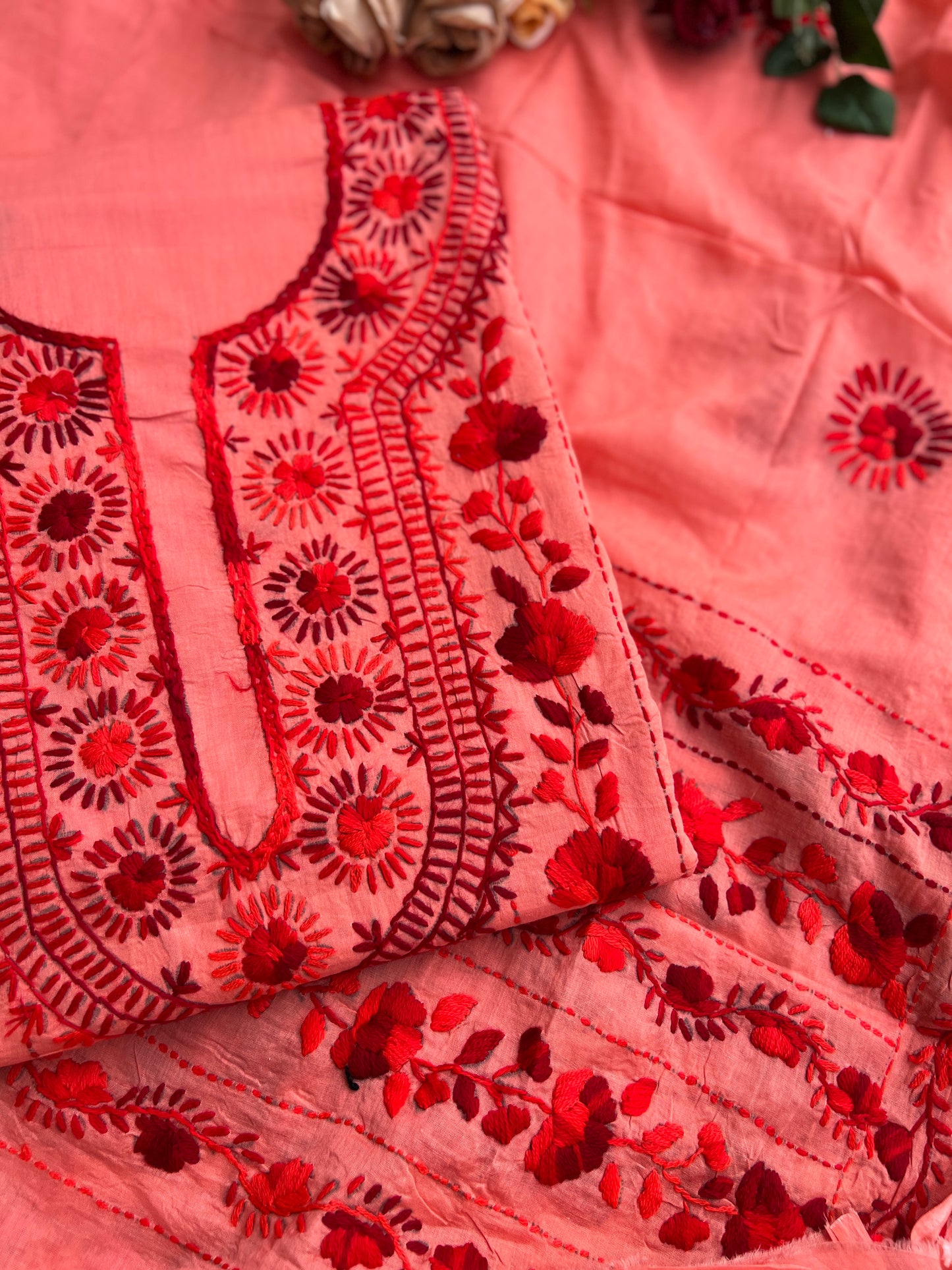 Coral Crimson Hand-Embroidered Suit Set