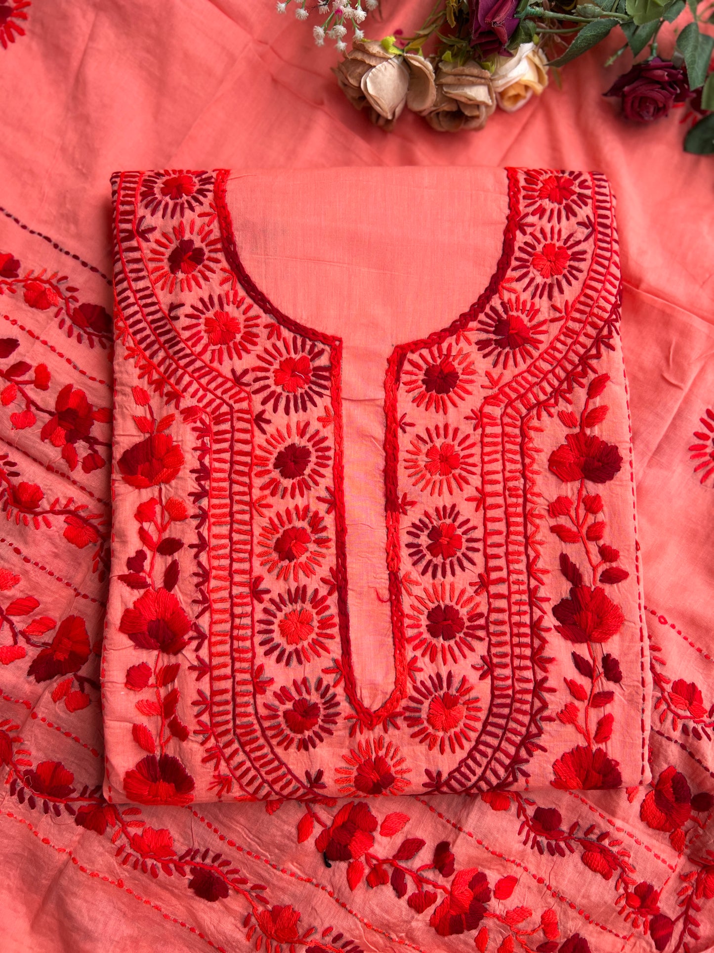 Coral Crimson Hand-Embroidered Suit Set