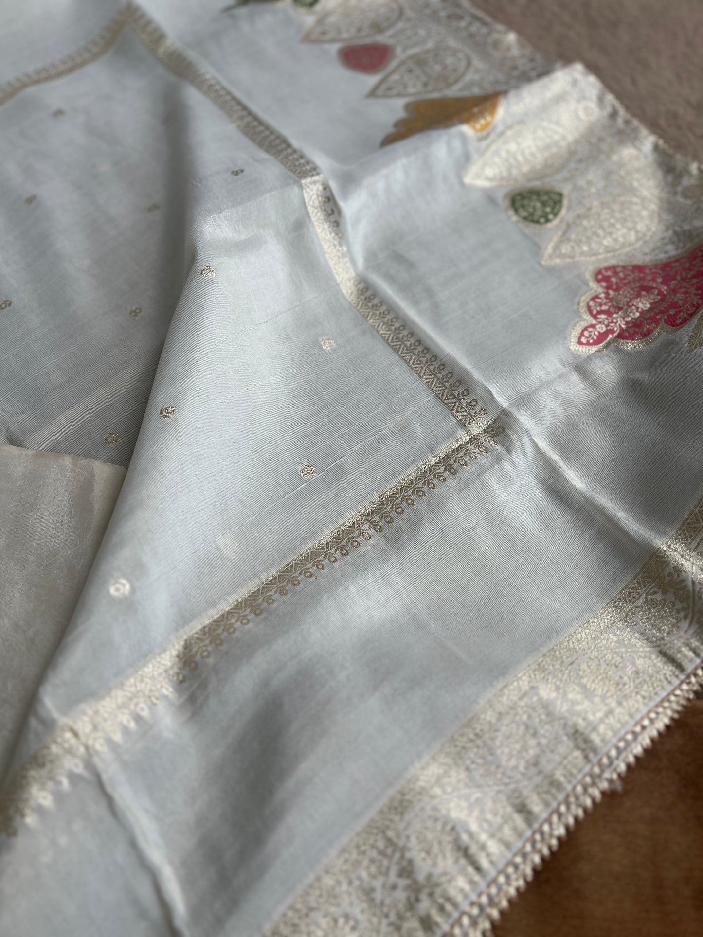 Mocha Mist Soft Kota Silk Suit with V-Neck Handwork & Woven Silk Dupatta