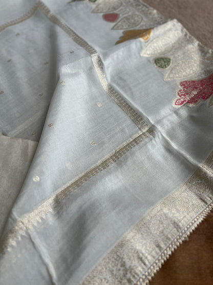 Mocha Mist Soft Kota Silk Suit with V-Neck Handwork & Woven Silk Dupatta