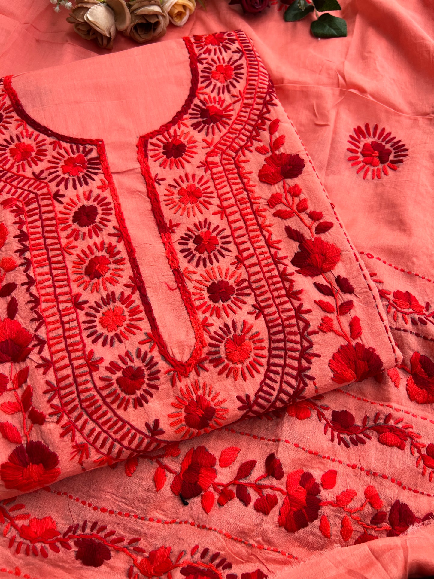 Coral Crimson Hand-Embroidered Suit Set