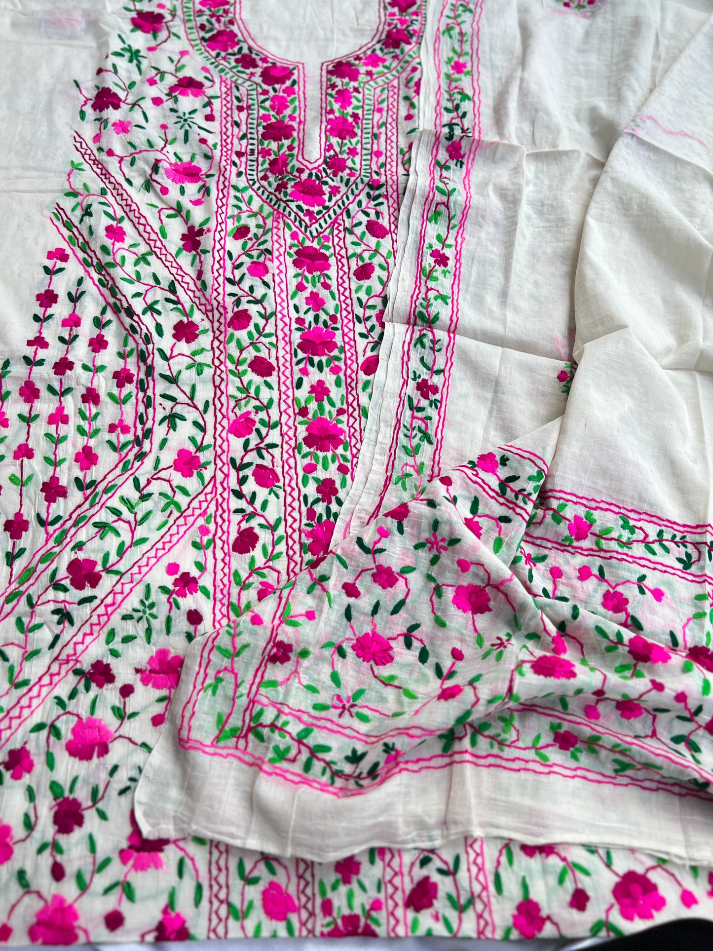 Fuchsia Bloom Ivory Hand-Embroidered Suit Set