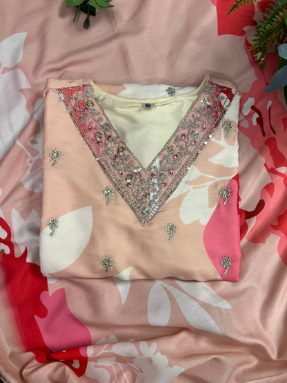 Maslin Printed Suit Set with Embroidered Neckline & Matching Dupatta
