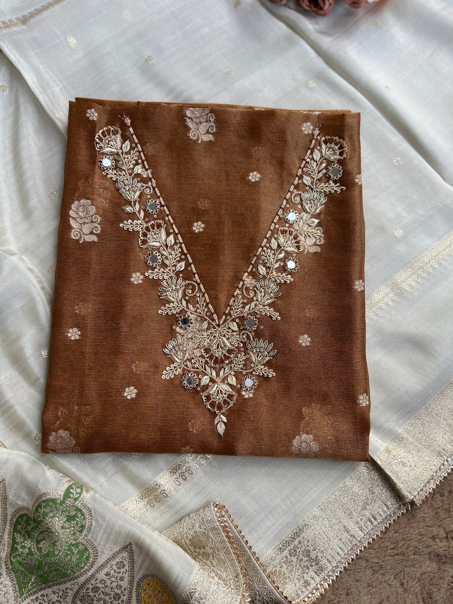 Mocha Mist Soft Kota Silk Suit with V-Neck Handwork & Woven Silk Dupatta