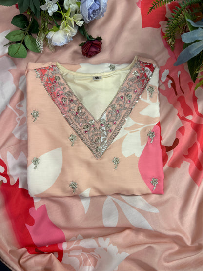 Maslin Printed Suit Set with Embroidered Neckline & Matching Dupatta