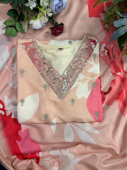 Maslin Printed Suit Set with Embroidered Neckline & Matching Dupatta