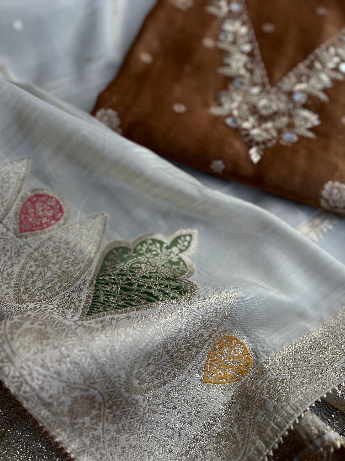 Mocha Mist Soft Kota Silk Suit with V-Neck Handwork & Woven Silk Dupatta