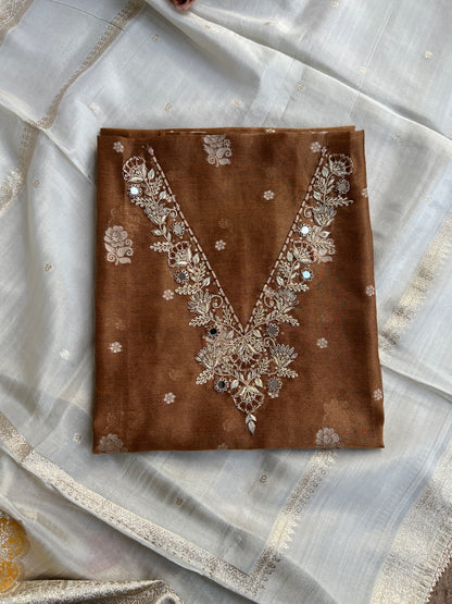 Mocha Mist Soft Kota Silk Suit with V-Neck Handwork & Woven Silk Dupatta