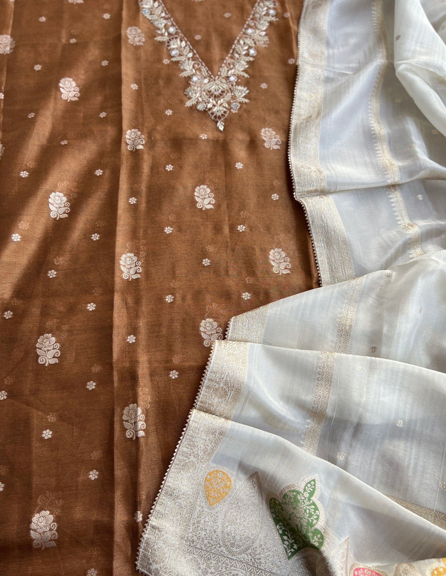 Mocha Mist Soft Kota Silk Suit with V-Neck Handwork & Woven Silk Dupatta